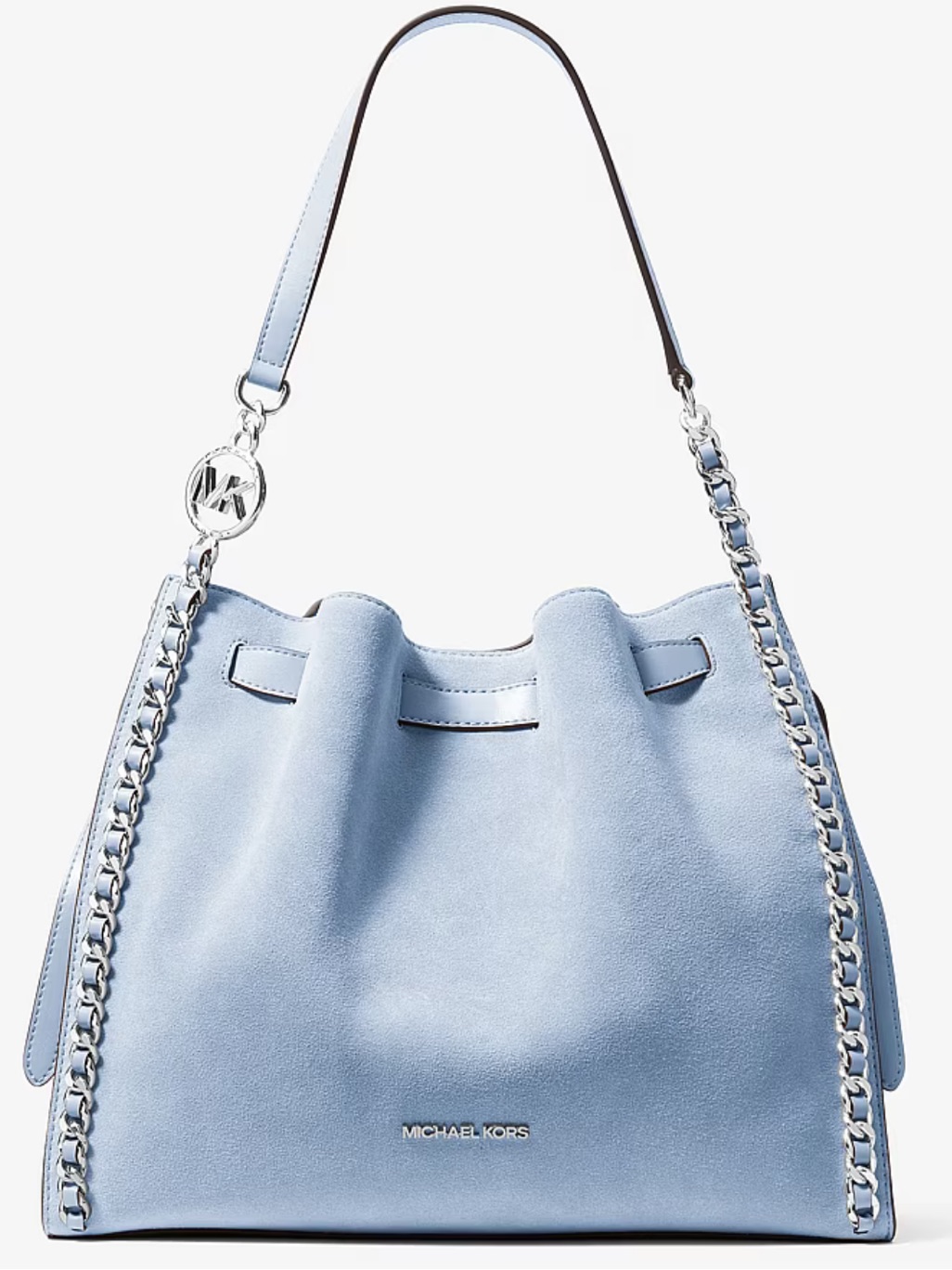 Michael Kors Mina Large Suede Chain Shoulder Bag Pale Ocean Blue Leather Nwt